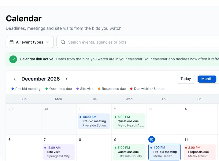 The Calendar screen in the bidric app, filled with sample data