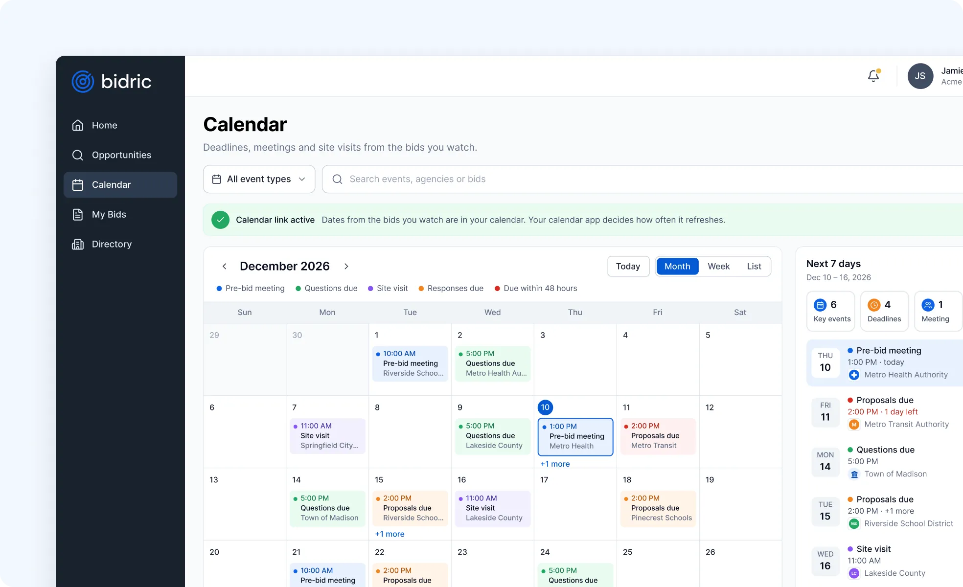 The Calendar screen in the bidric app, filled with sample data