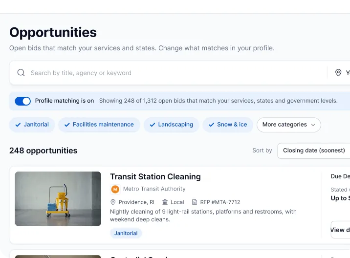The Opportunities screen in the bidric app, filled with sample data