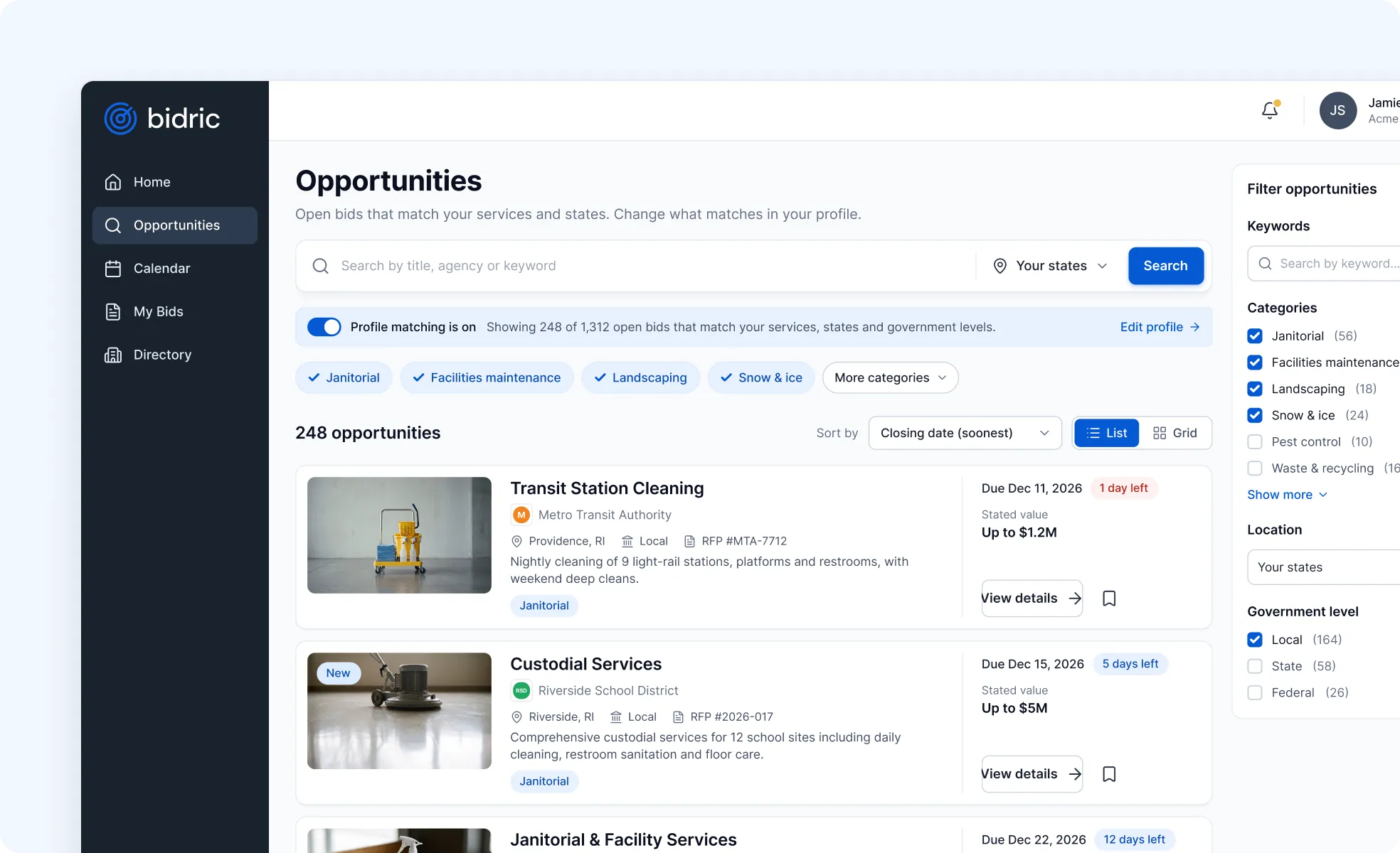 The Opportunities screen in the bidric app, filled with sample data