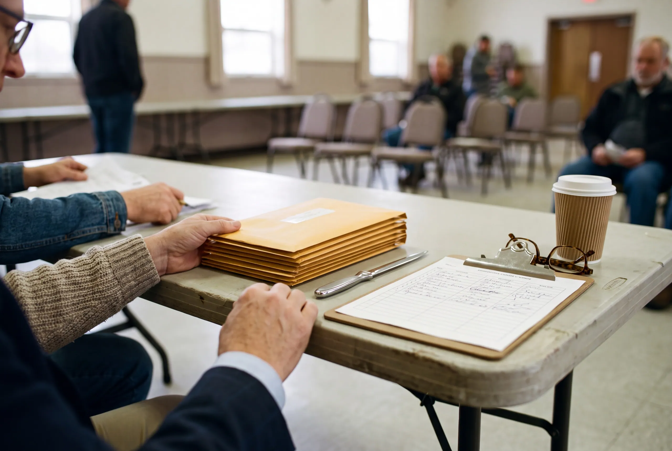 A bid opening at a folding table in a town office