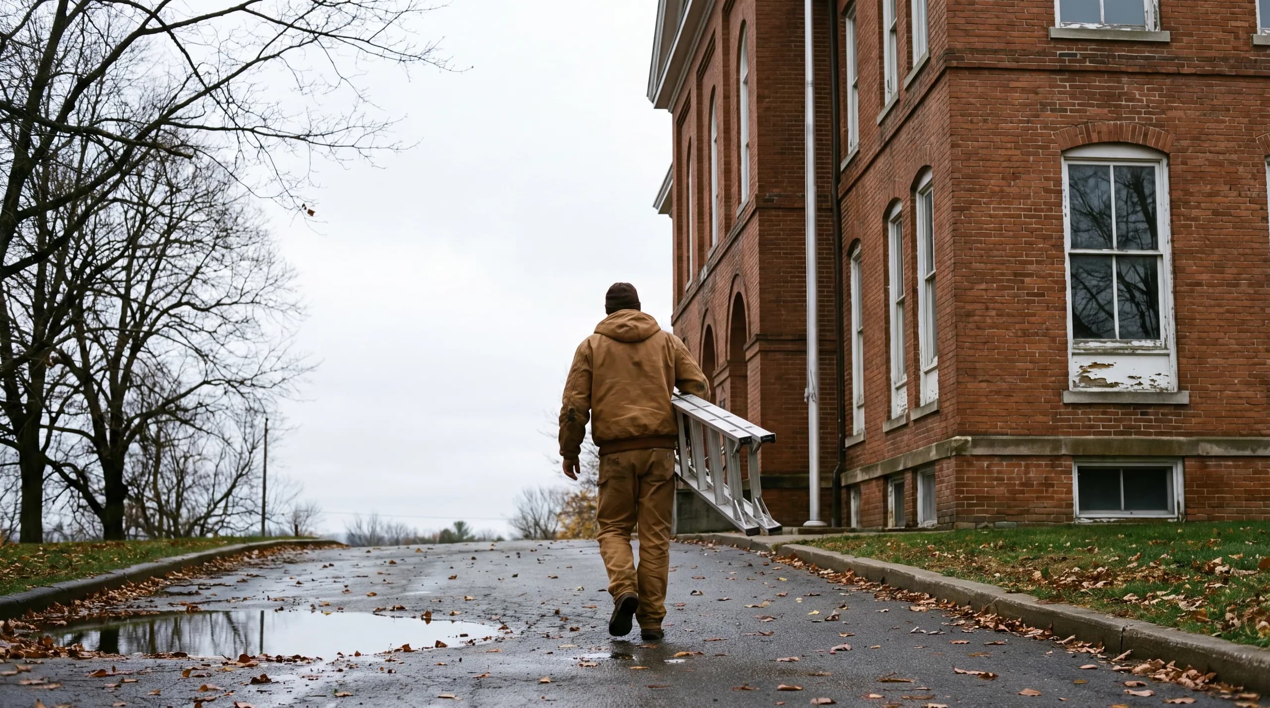 A contractor carrying a ladder toward a brick New England town hall
